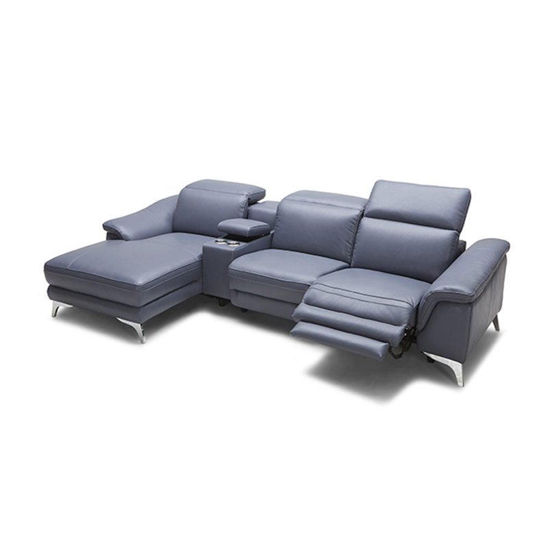 Sofá reclinable de cuero azul con chaise longue